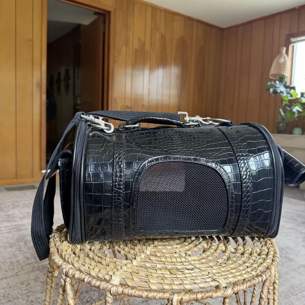 Chrome Bones Pet Carrier In Black Alligator Leather Travel Bag Small Dogs